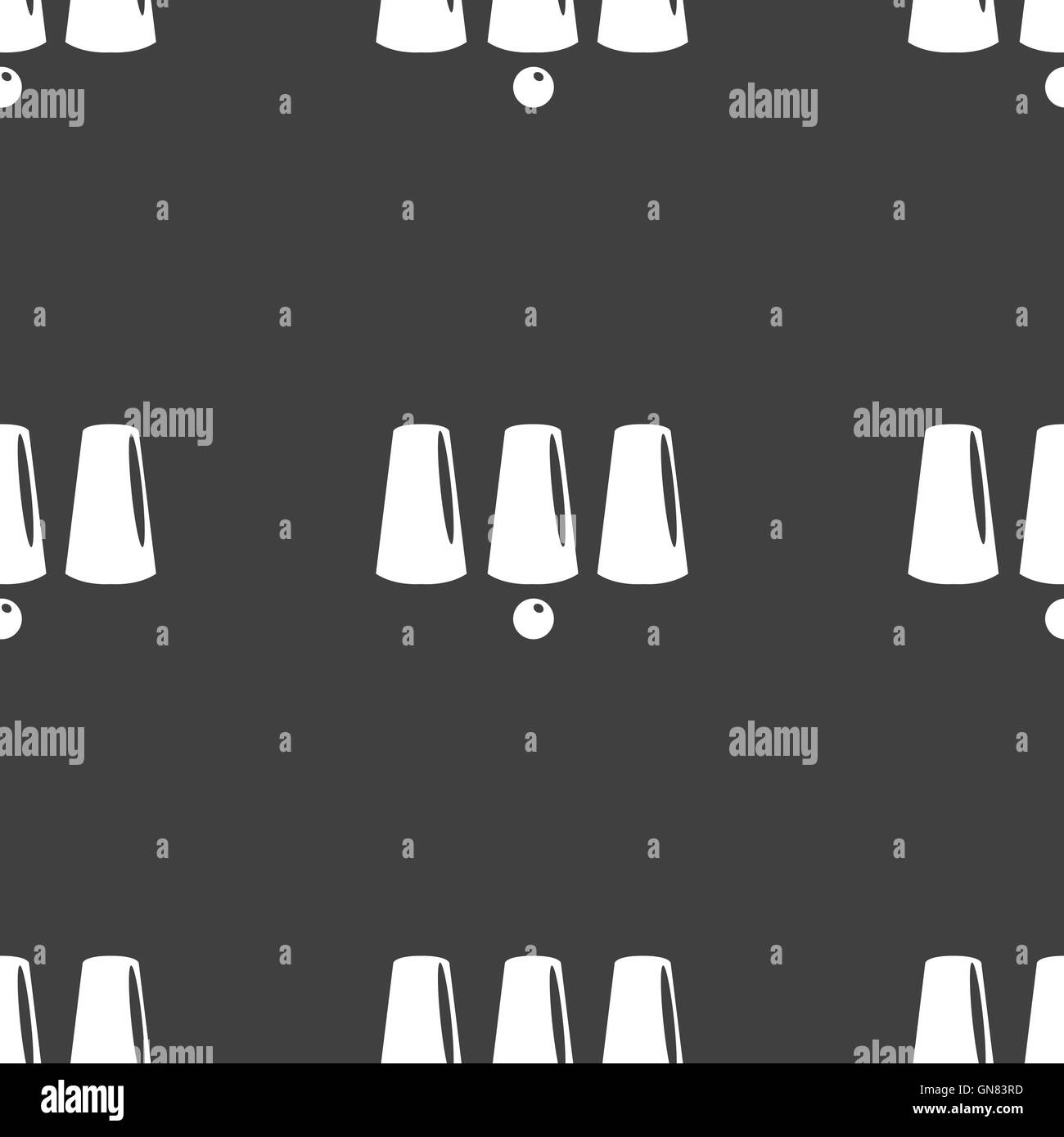 Tre filtri a ditale in gioco con una sfera, giochi 3 tazze icona segno. Seamless pattern su uno sfondo grigio. Vettore Illustrazione Vettoriale
