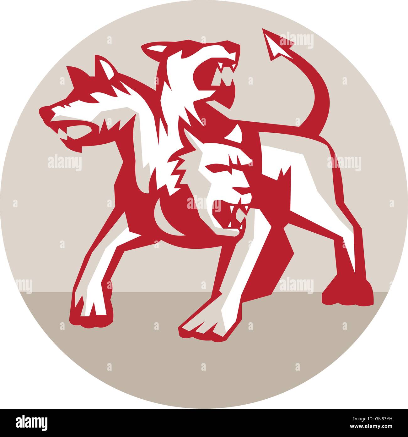 Cerberus multi-teste di cane Hellhound cerchio retrò Illustrazione Vettoriale
