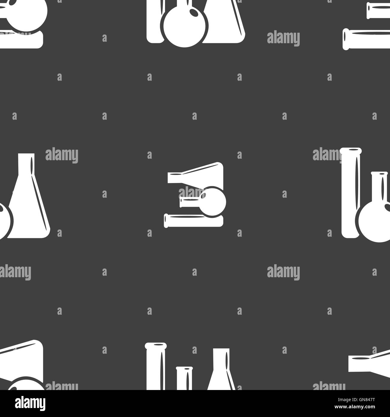 In vetro per laboratori di chimica, icona segno. Seamless pattern su uno sfondo grigio. Vettore Illustrazione Vettoriale