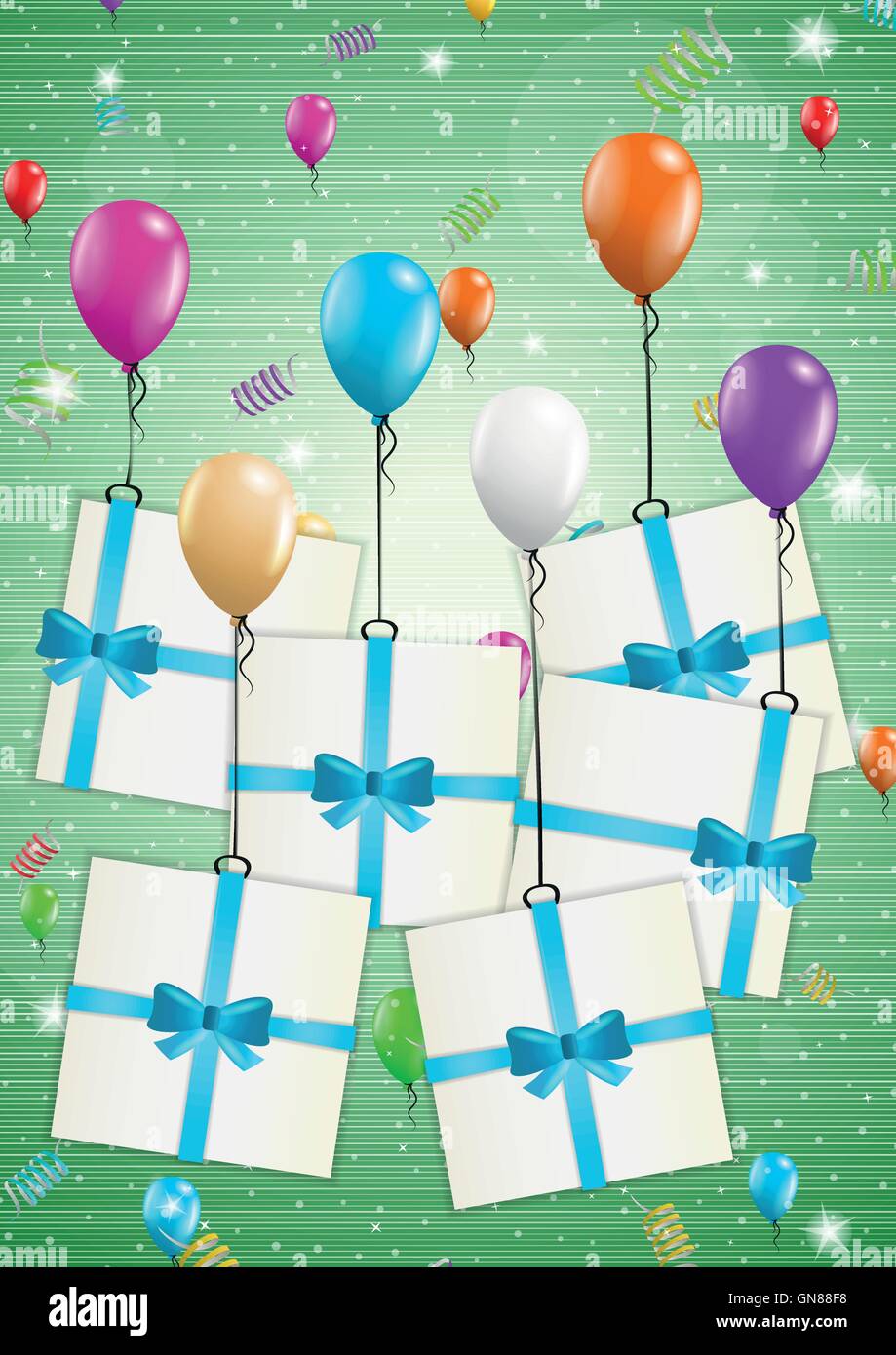 Biglietto di auguri di compleanno con palloncini e regalo Illustrazione Vettoriale