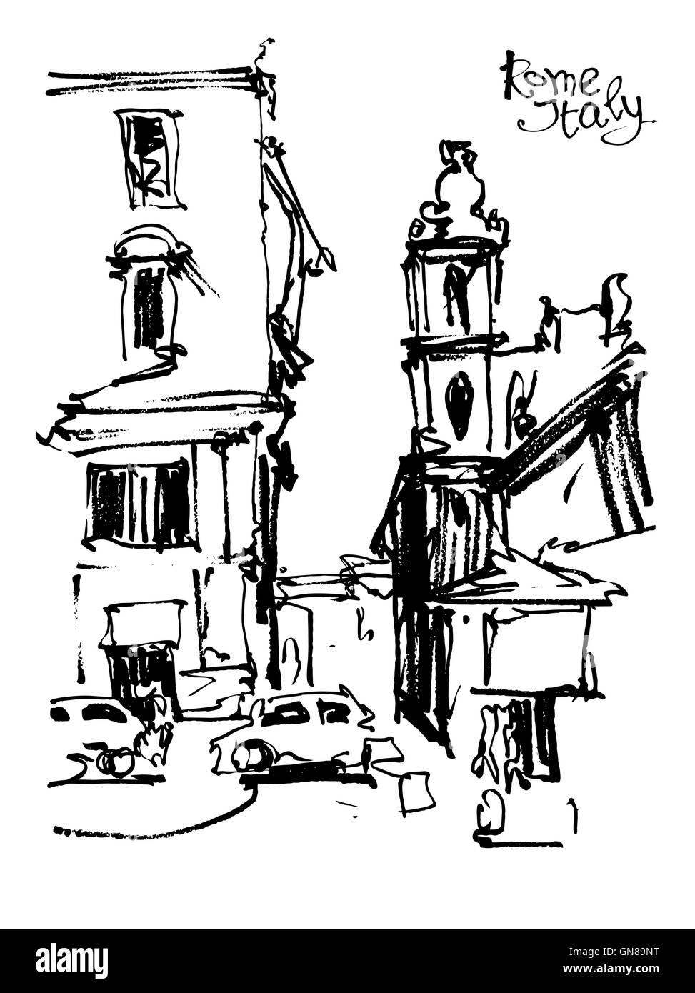 In bianco e nero di freehand disegno di Roma Italia paesaggio Illustrazione Vettoriale