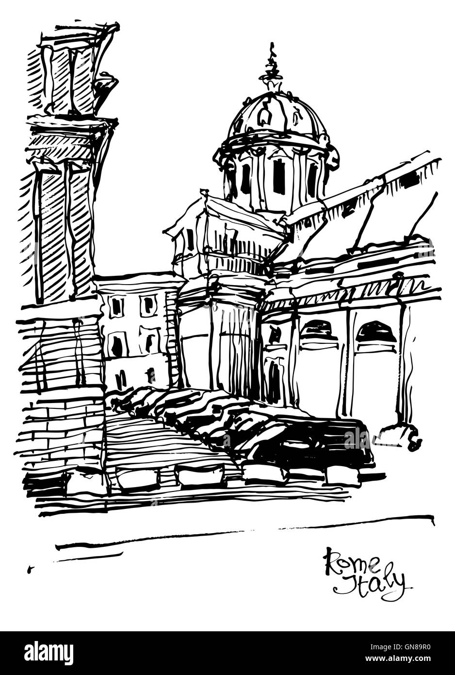 In bianco e nero disegno del paesaggio urbano di Roma, Italia Illustrazione Vettoriale