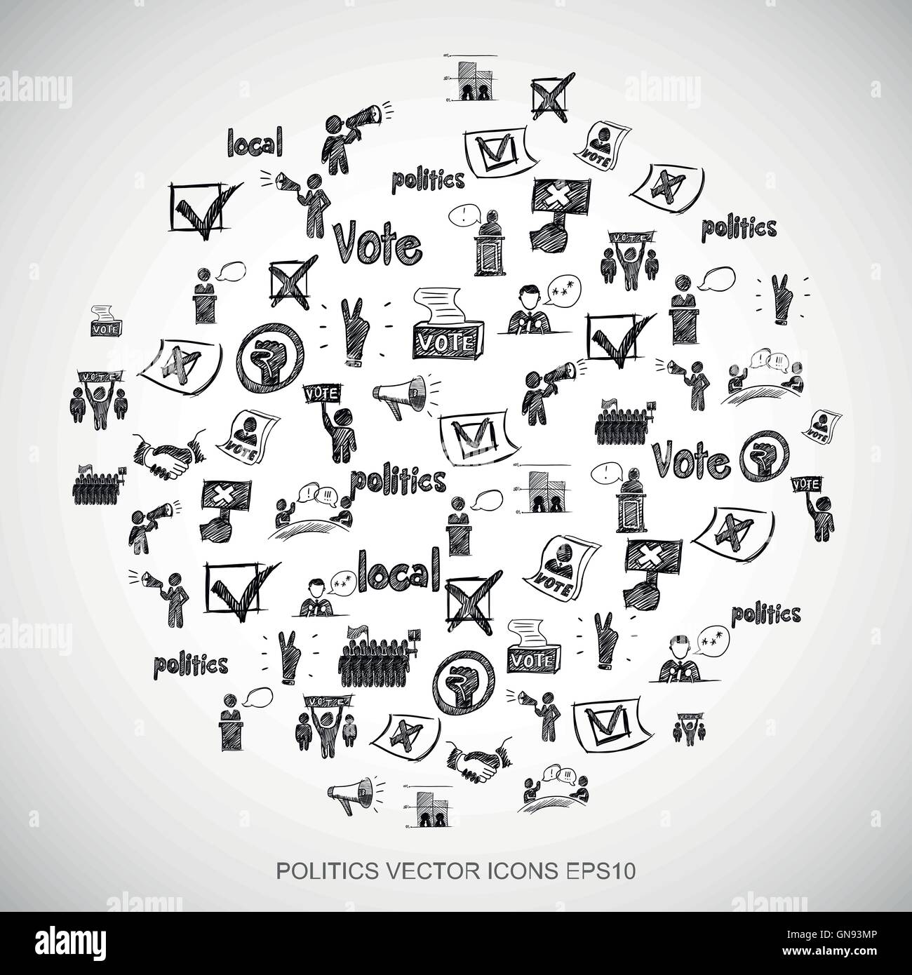 Nero scarabocchi disegnati a mano icone politica impostata sul bianco. EPS10 illustrazione vettoriale. Illustrazione Vettoriale