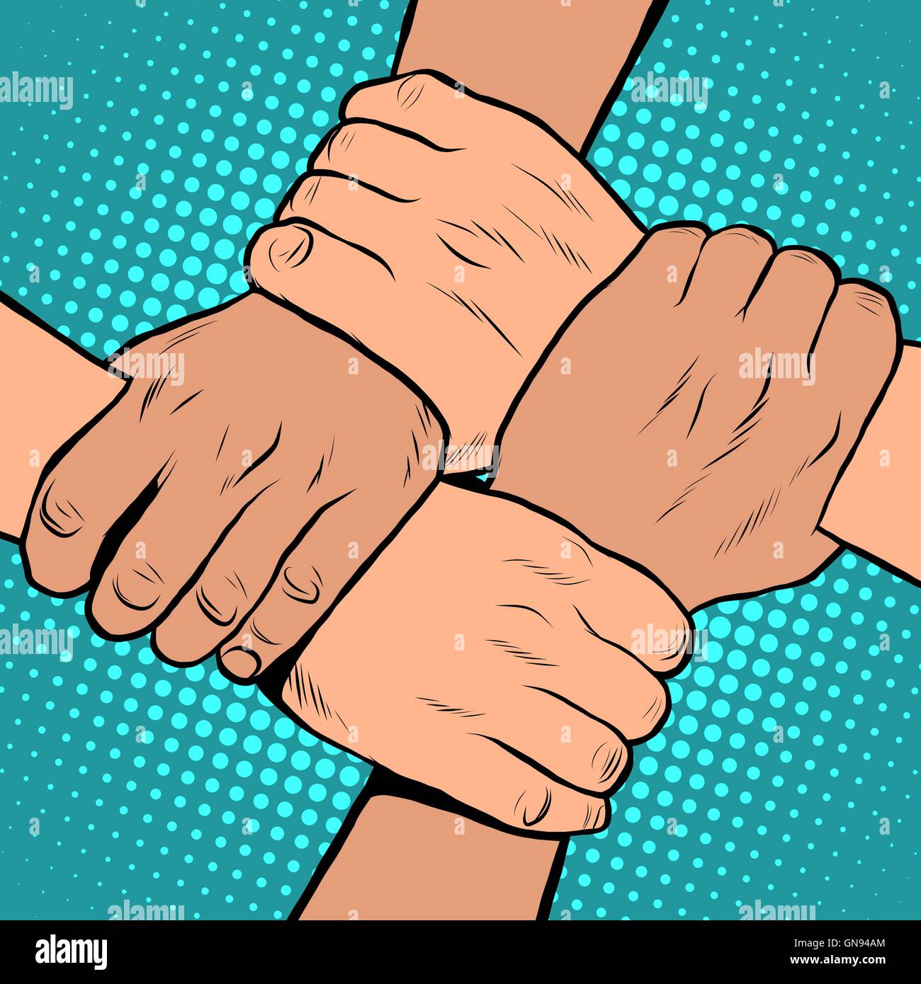 Bianco nero solidarietà arresto di handshake razzismo pop art in stile retrò Illustrazione Vettoriale