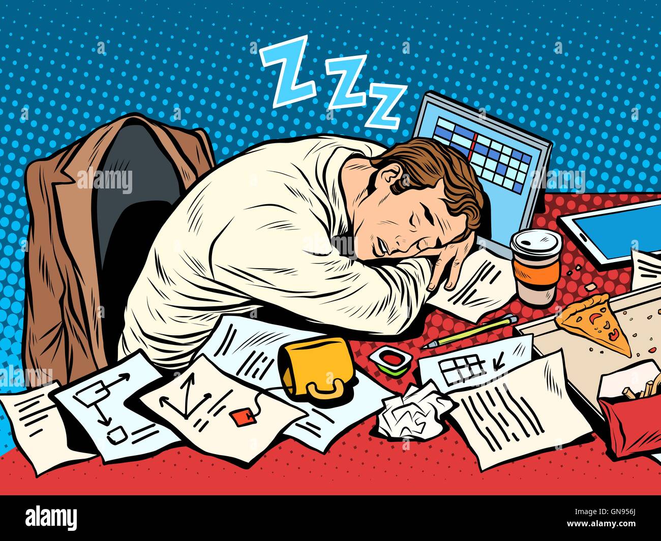 Imprenditore uomo dorme sul lavoro Illustrazione Vettoriale