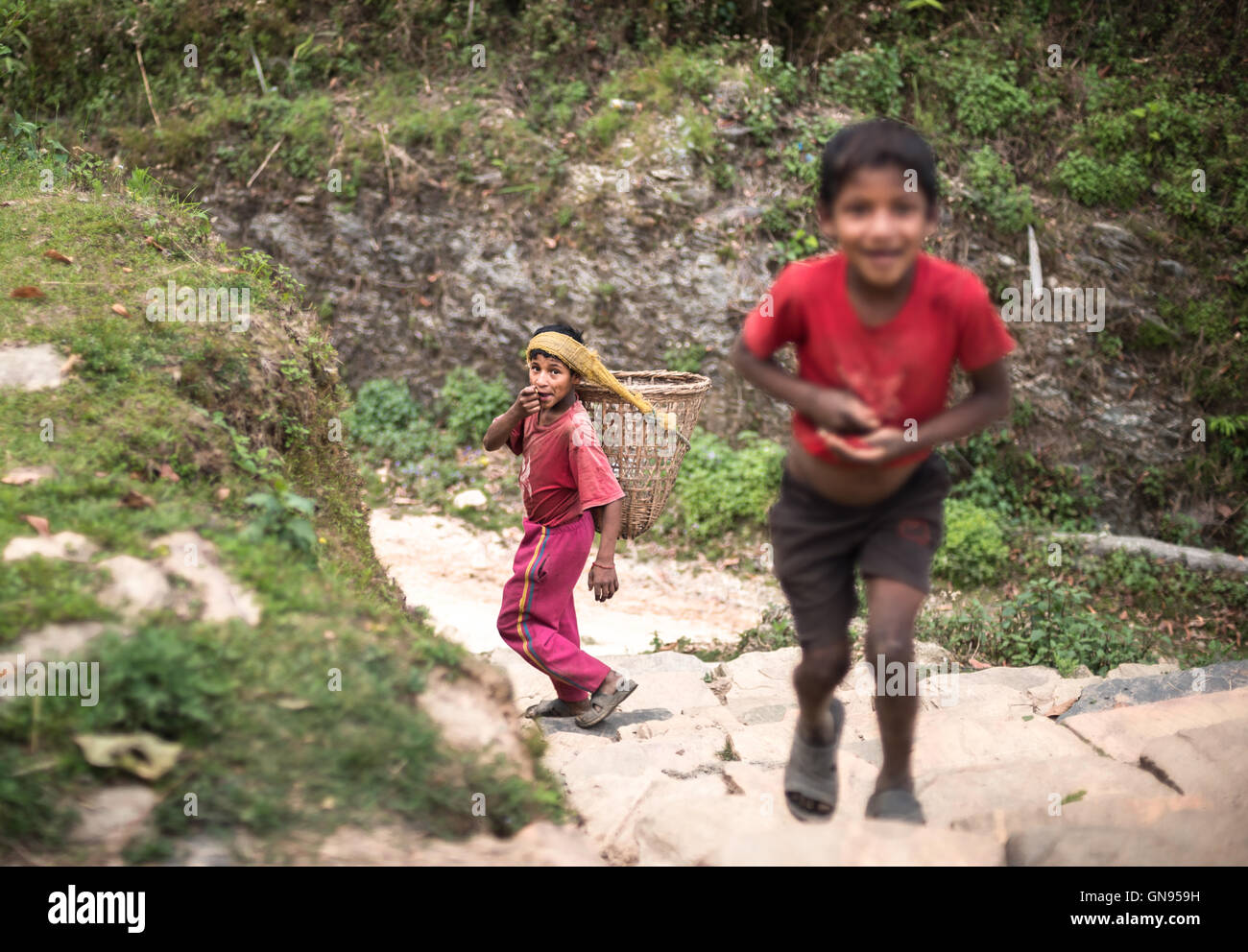 Ritratto dei bambini nel villaggio agricolo di Damdame nella regione montana di Panchase, Kaski, Gandaki Pradesh, Nepal. Foto Stock