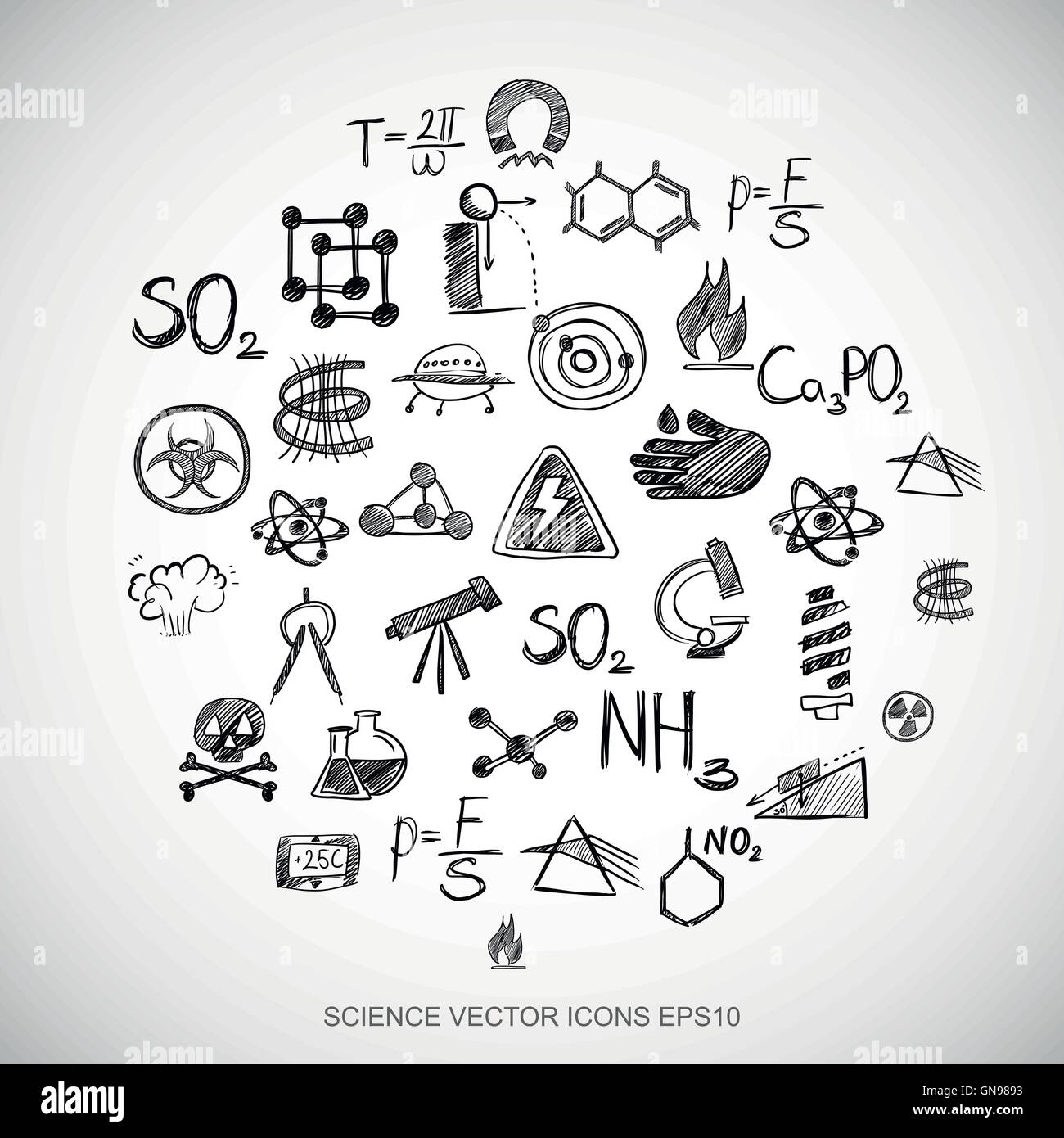 Scarabocchi nero disegnato a mano le icone della scienza impostata sul bianco. EPS10 illustrazione vettoriale. Illustrazione Vettoriale