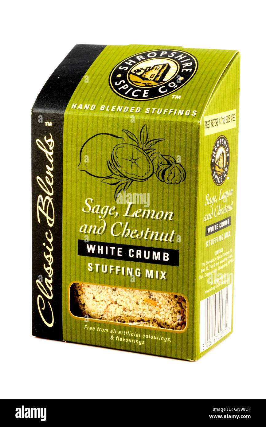 Shropshire Spice Co miscelati a mano Salvia limone con castagne mollica di pane bianco ripieno mescolare Foto Stock