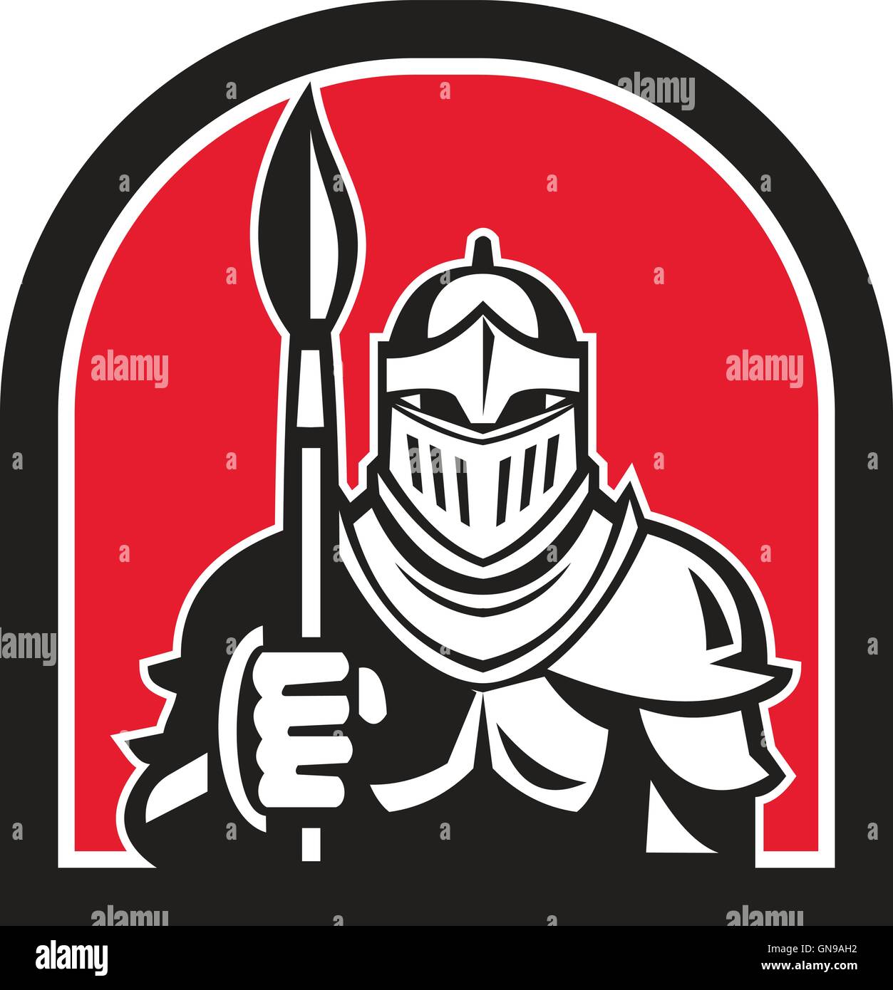 Knight Full Armor Holding Pennello per mezzo cerchio retrò Illustrazione Vettoriale