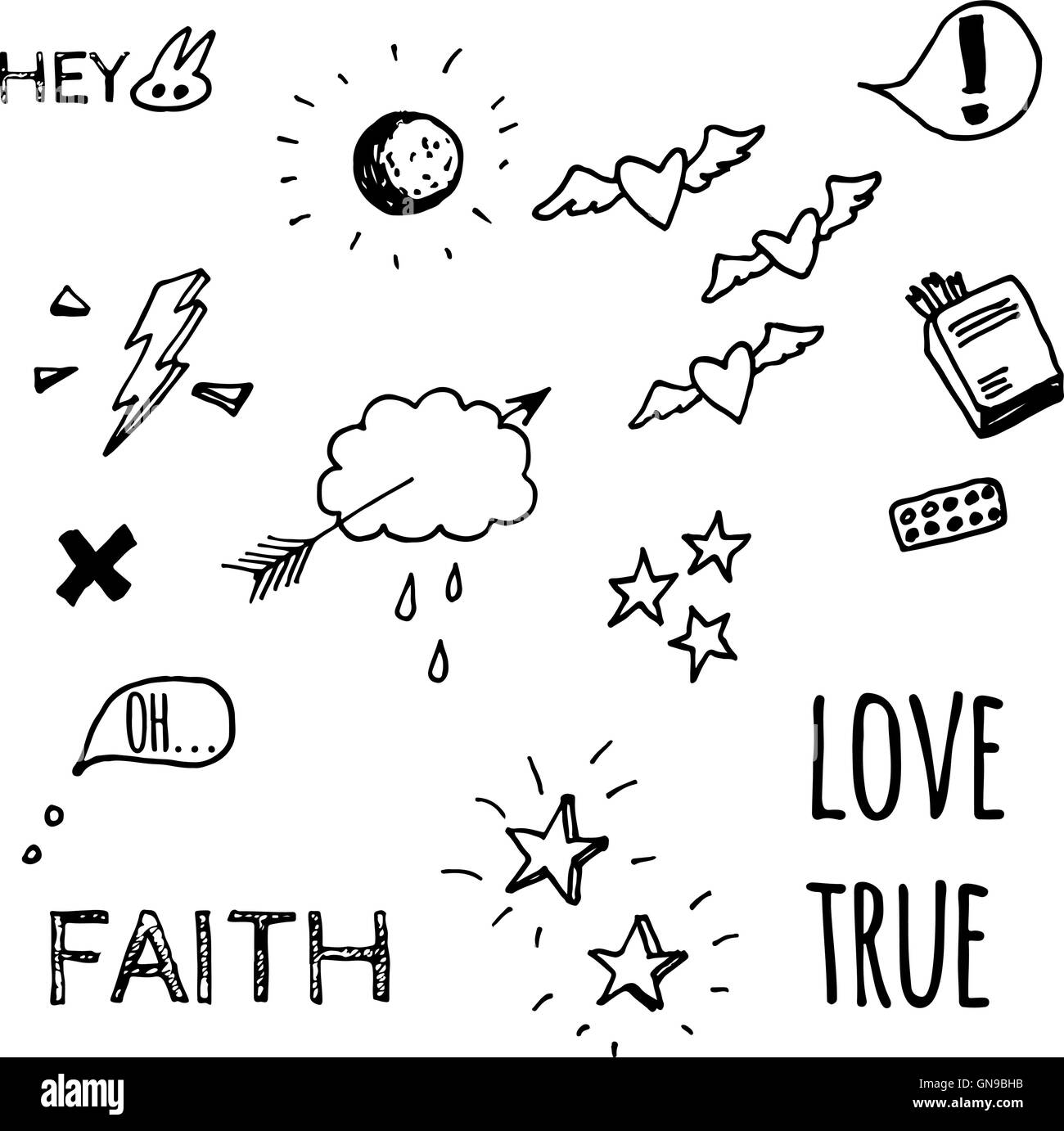 Disegnato a mano stile doodle bozzetti in tema d'amore. Inchiostro originale arte tracciato vettoriale. Illustrazione Vettoriale