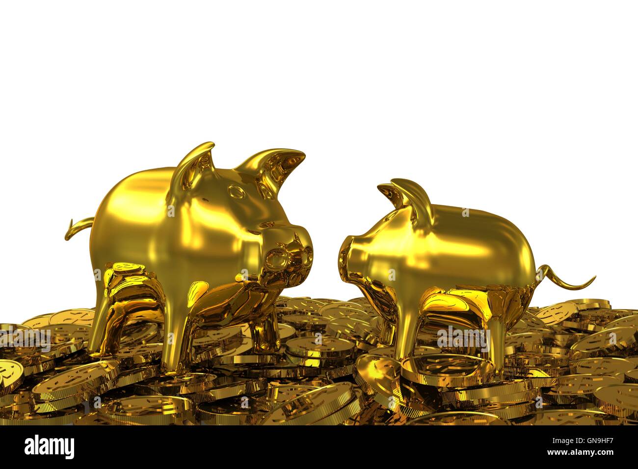 Due golden piggy banche del dollaro in oro monete. Il rendering 3D Foto Stock