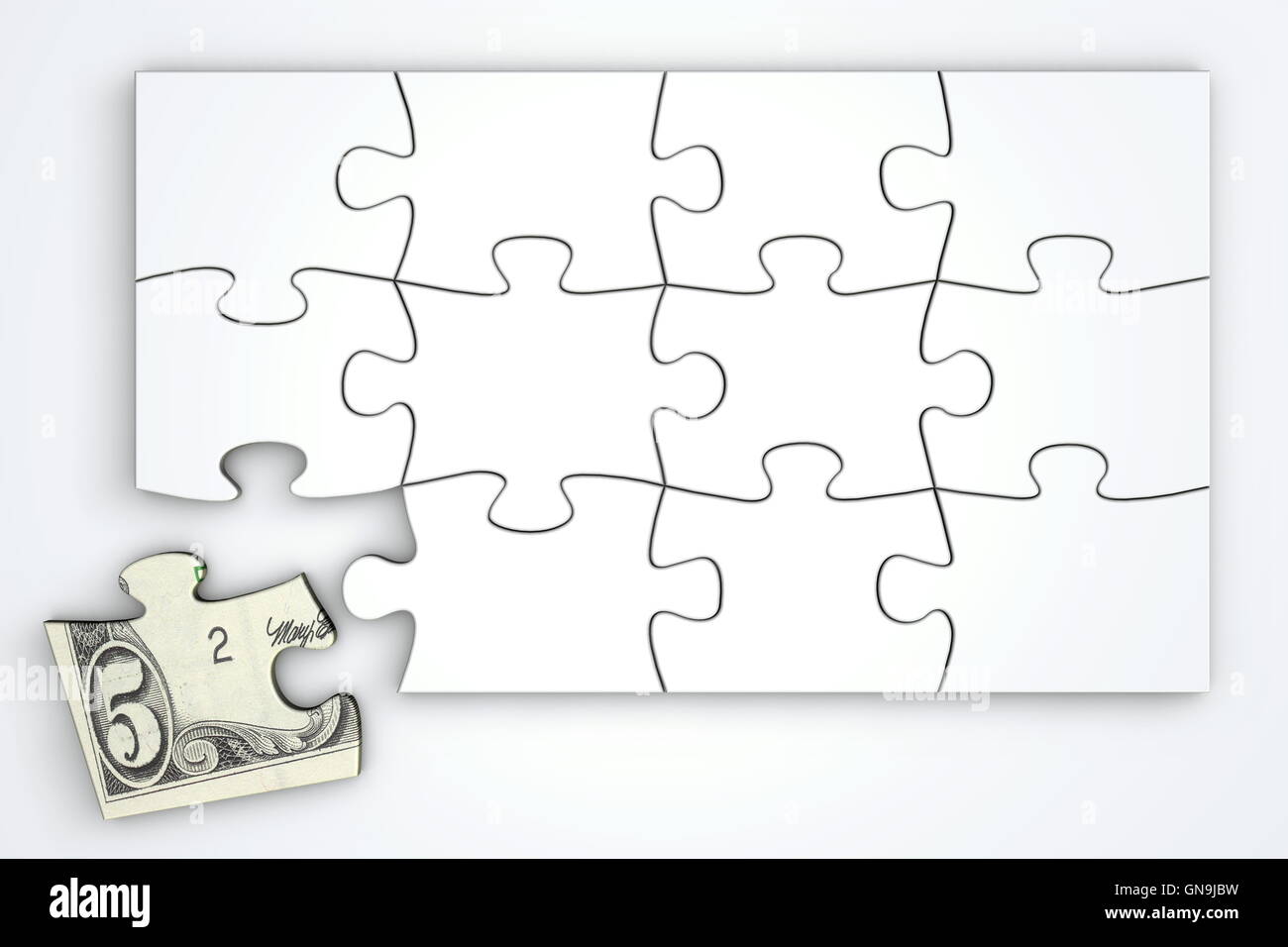 5 Dollar nota modello Puzzle - Vista Superiore Foto Stock