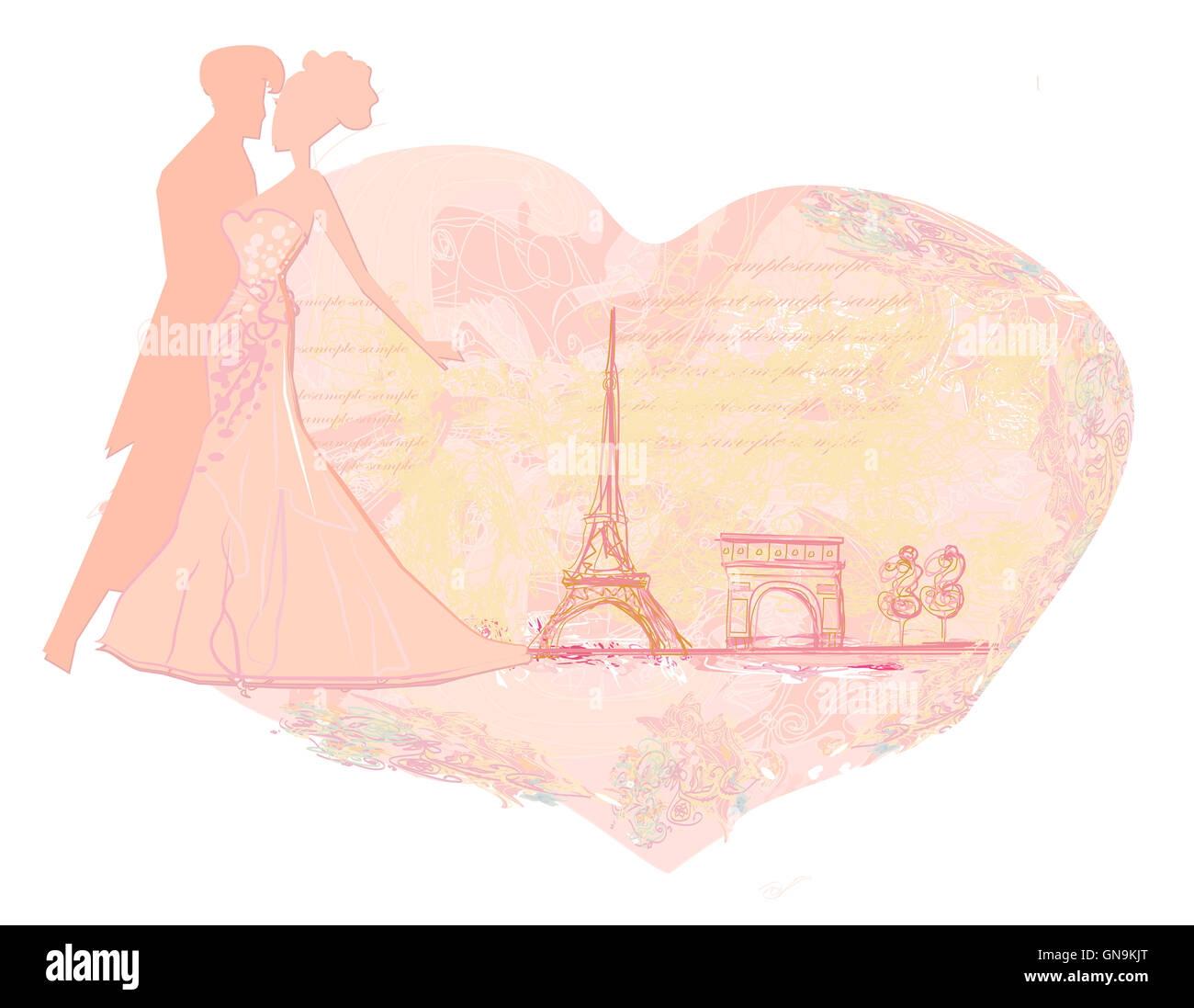 Coppia romantica a Parigi kissing vicino alla Torre Eiffel. Scheda retrò. Foto Stock