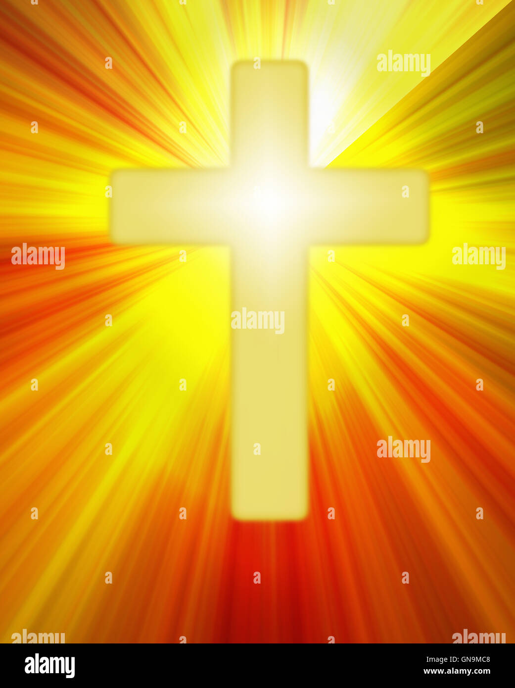 Radiant croce gialla simbolo su raggi luminosi Foto Stock