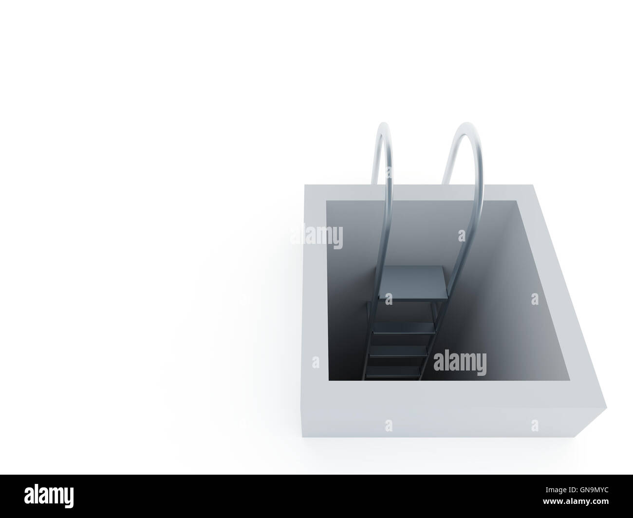 Tombino quadrato con una scala in alluminio nelle tenebre Foto Stock