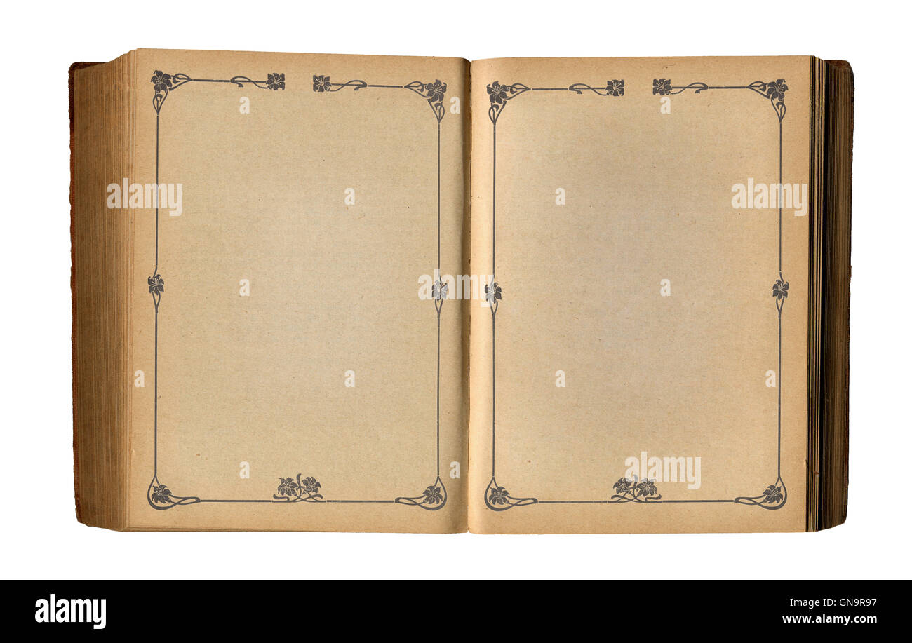 Aprire il libro vuoto con antichi floreali frame di pagina Foto Stock