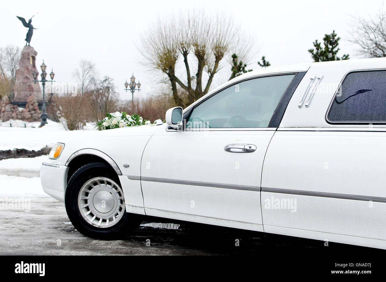 Parte del white limousine, auto nozze con fiori. Foto Stock