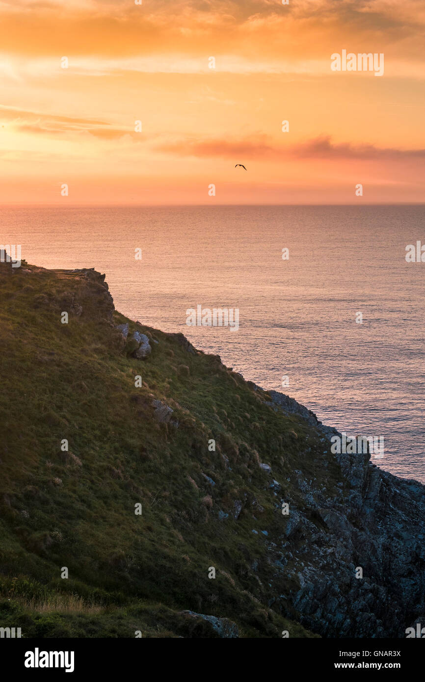 Un tramonto spettacolare su East pentire a Newquay, Cornwall. Foto Stock
