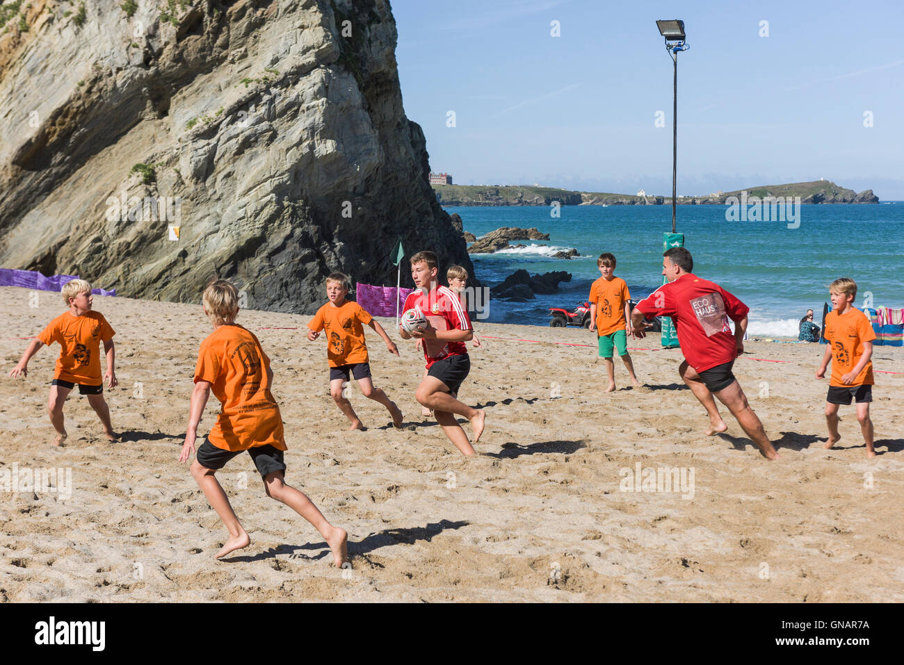 L annuale Lusty Glaze Beach Tag torneo di Rugby, Newquay Cornwall. Foto Stock
