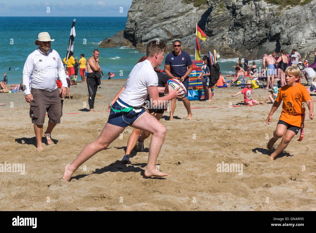 L annuale Lusty Glaze Beach Tag torneo di Rugby, Newquay Cornwall. Foto Stock
