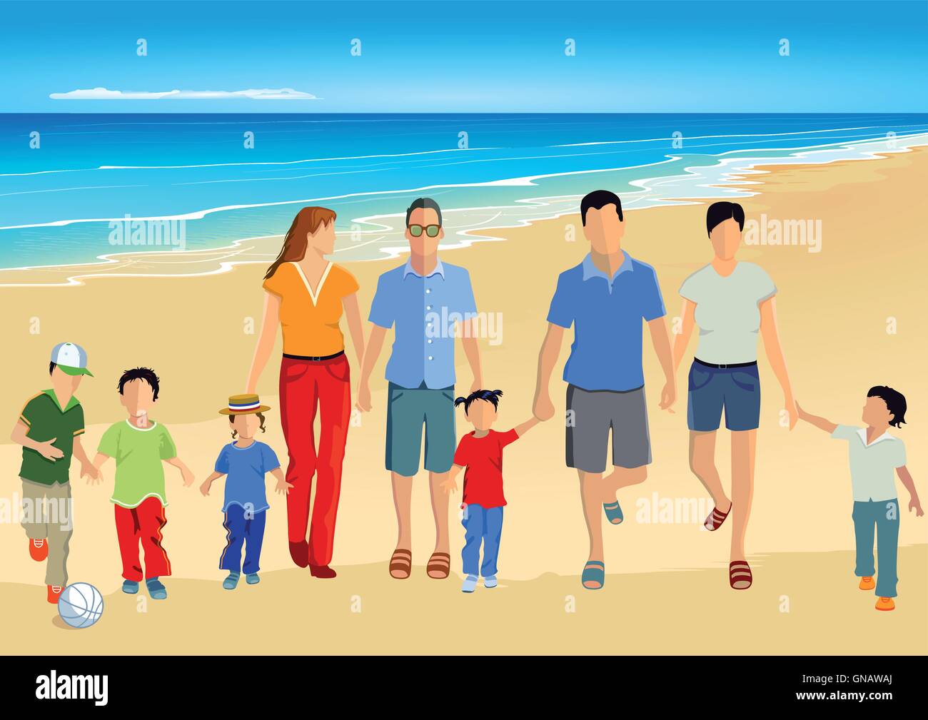 I genitori con bambini in spiaggia Illustrazione Vettoriale