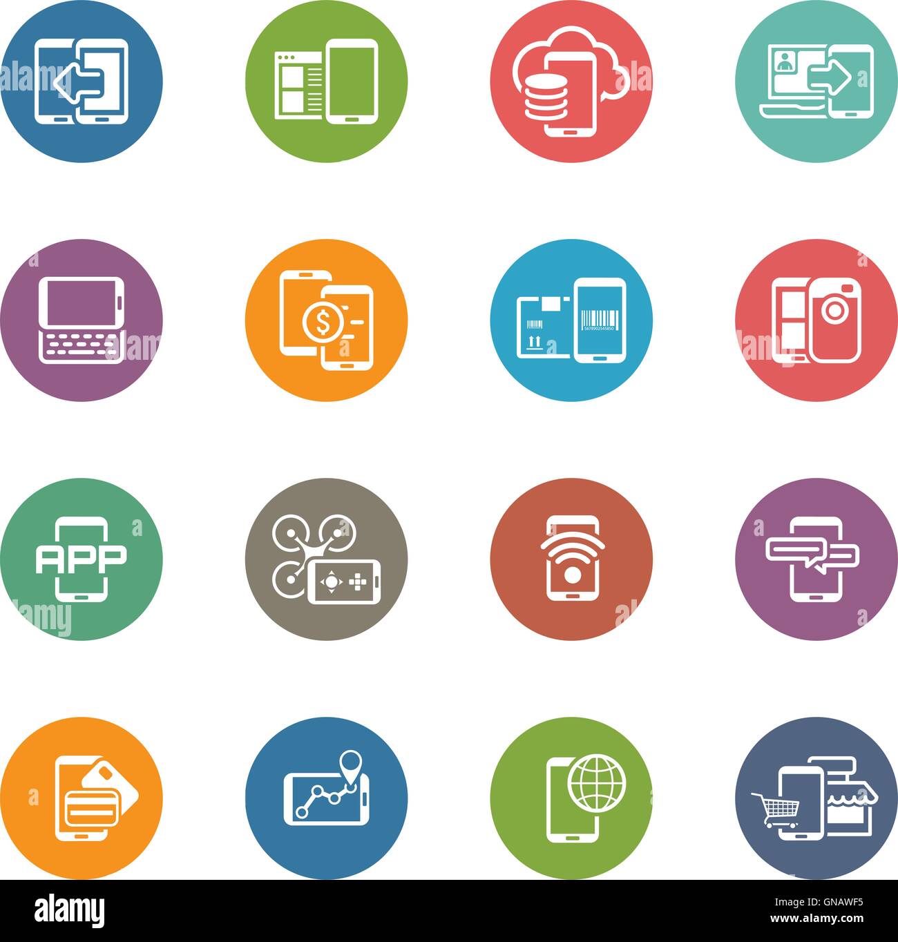 Design piatto dispositivi e servizi mobili set di icone. Illustrazione Vettoriale