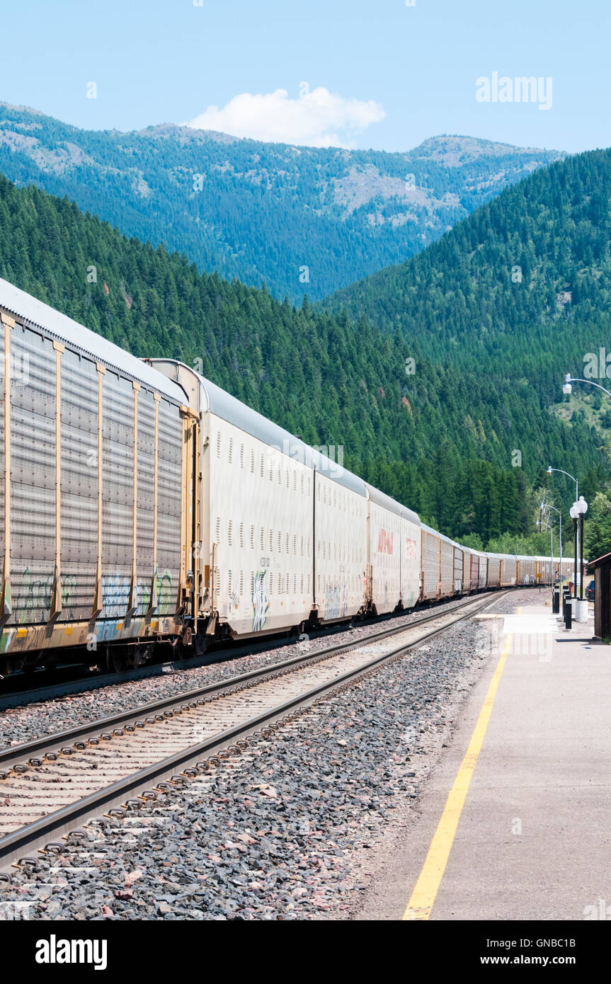Un lungo American treno merci passa attraverso la piccola stazione di West Glacier in Montana. Foto Stock