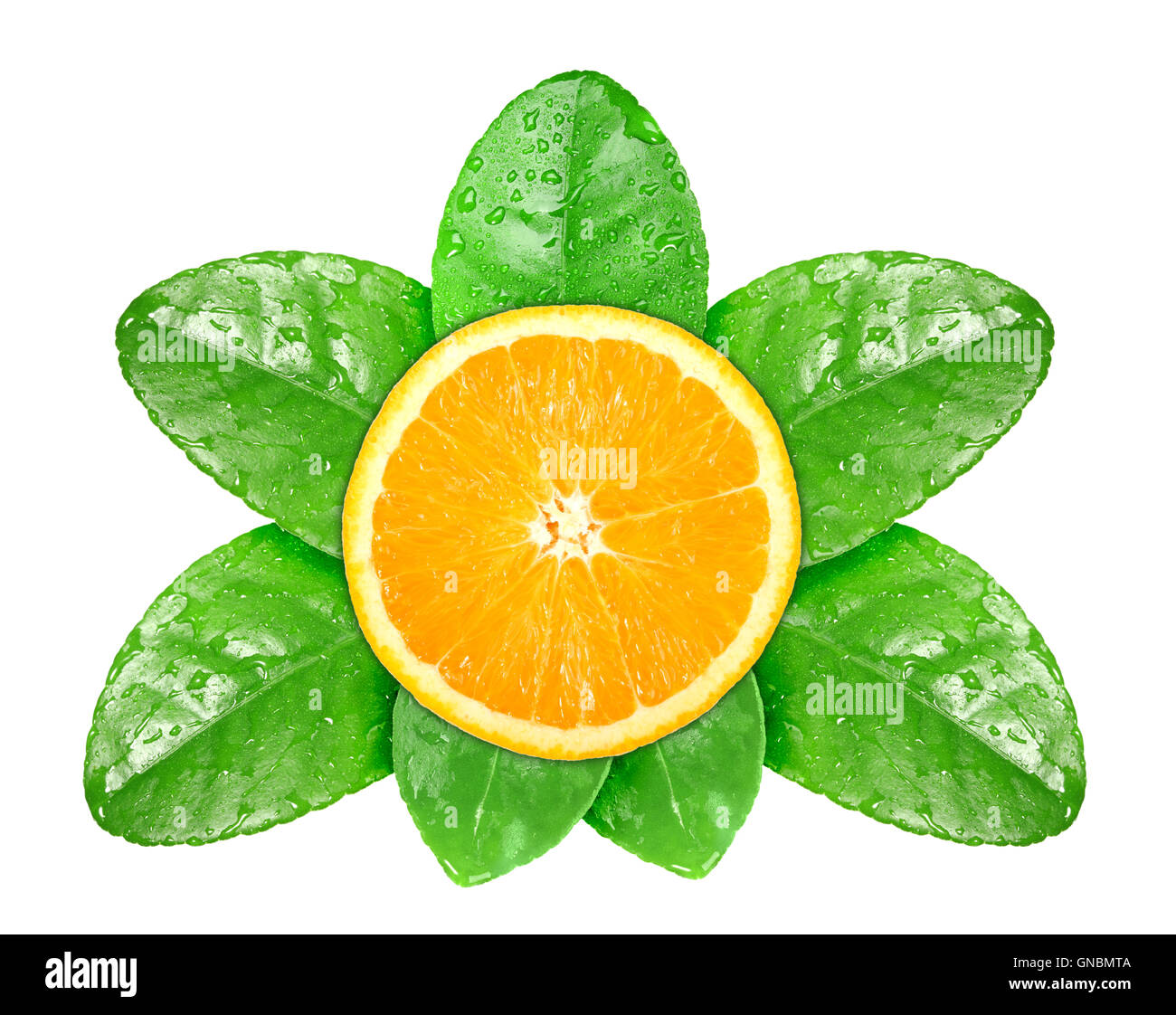 Frutta arancione sulla foglia verde con la condensa Foto Stock