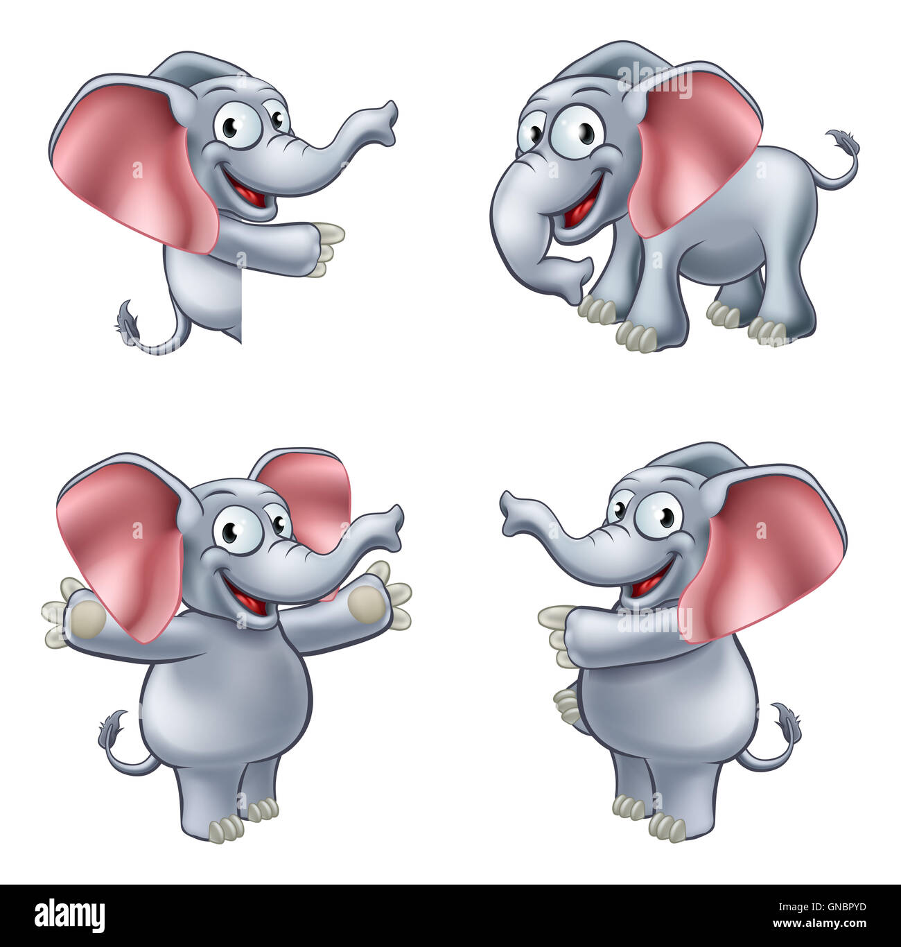 Un amichevole elefante mascotte cartoon character in pose diverse Foto Stock