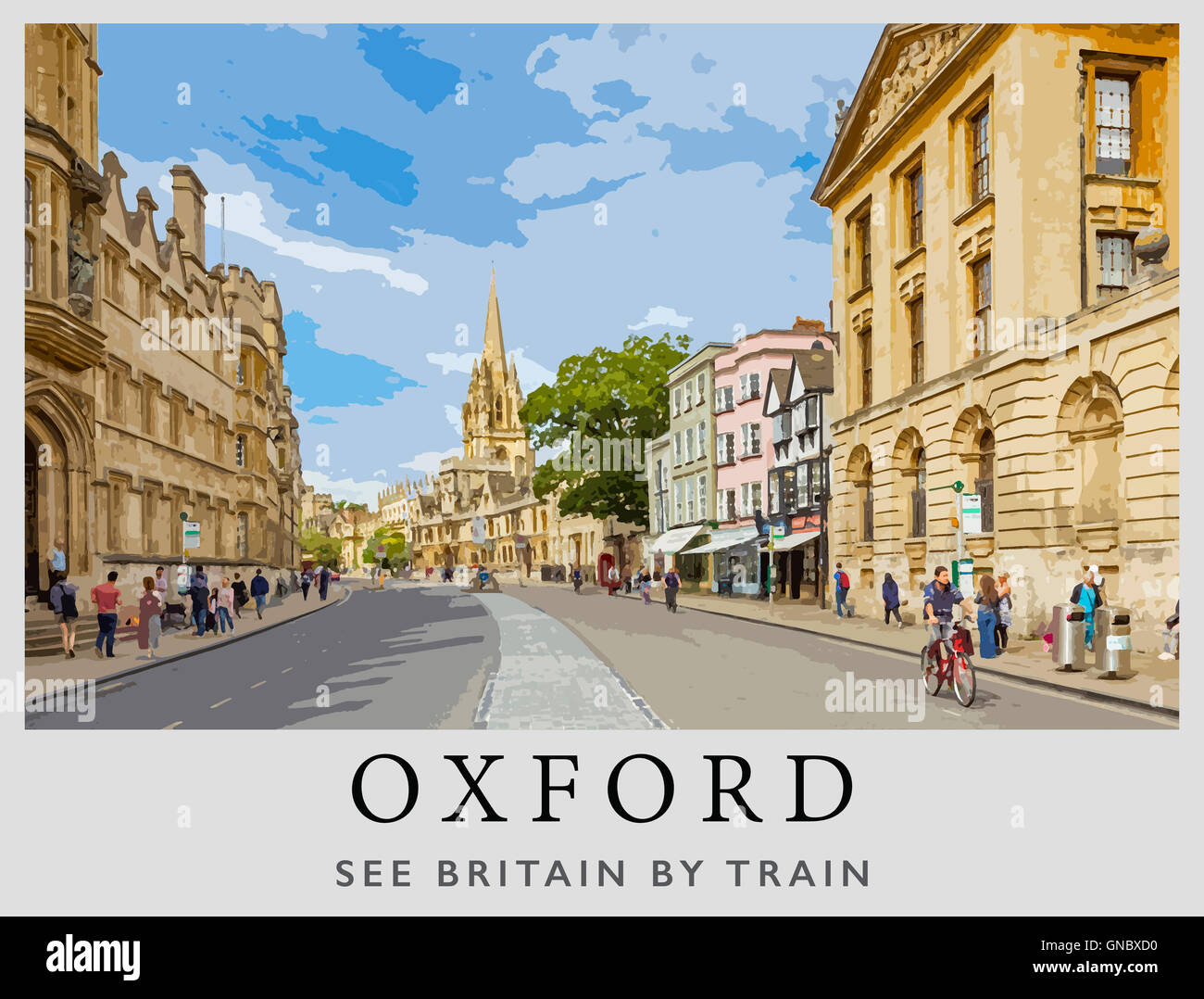 Una moderna interpretazione di un 1958 poster per ferrovie britanniche dall'artista Alan Carr Linford di Oxford High Street, Oxford, Inghilterra Foto Stock