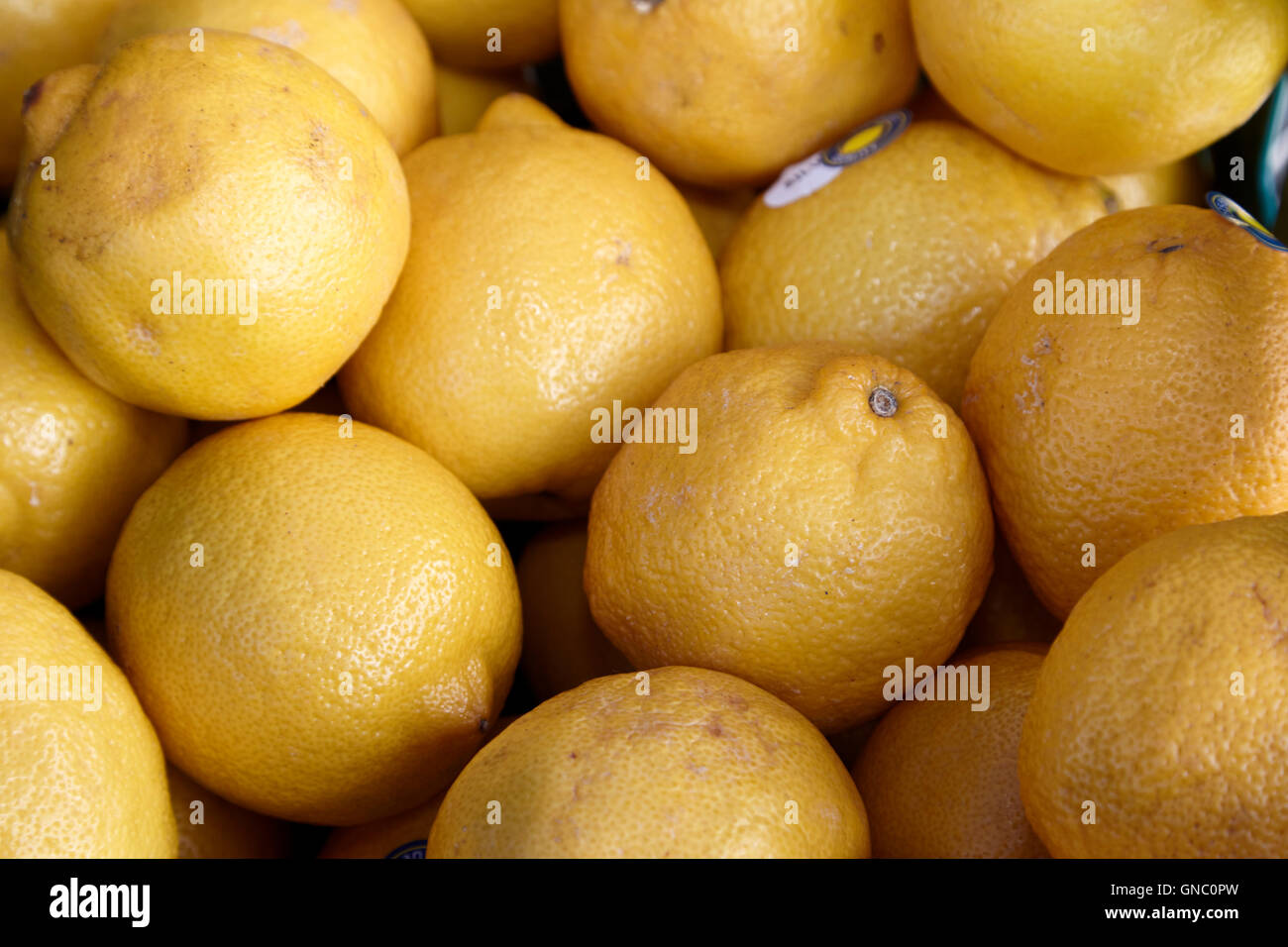 Limoni freschi sul display un fruttivendolo stallo alimentari nel Regno Unito Foto Stock