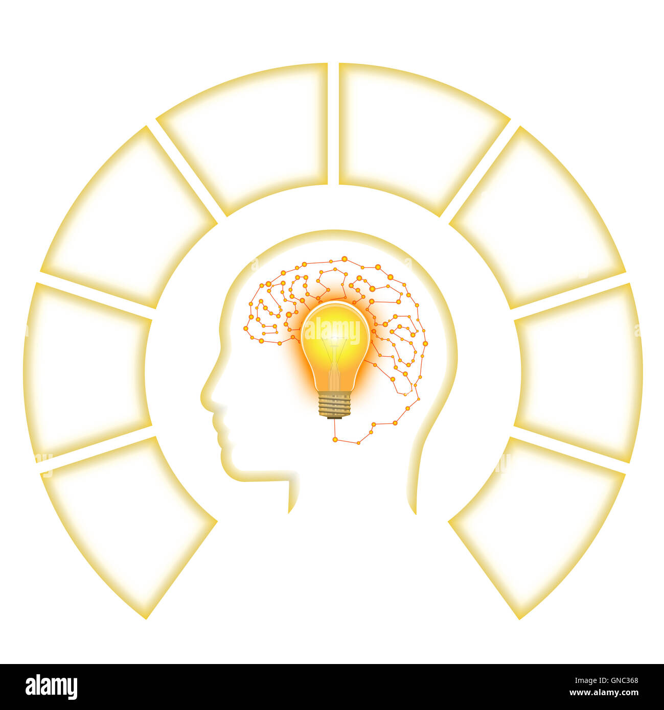 Modello per Una infografica, testa lampadina cervello dalla linea, otto posizioni per area di testo. Foto Stock