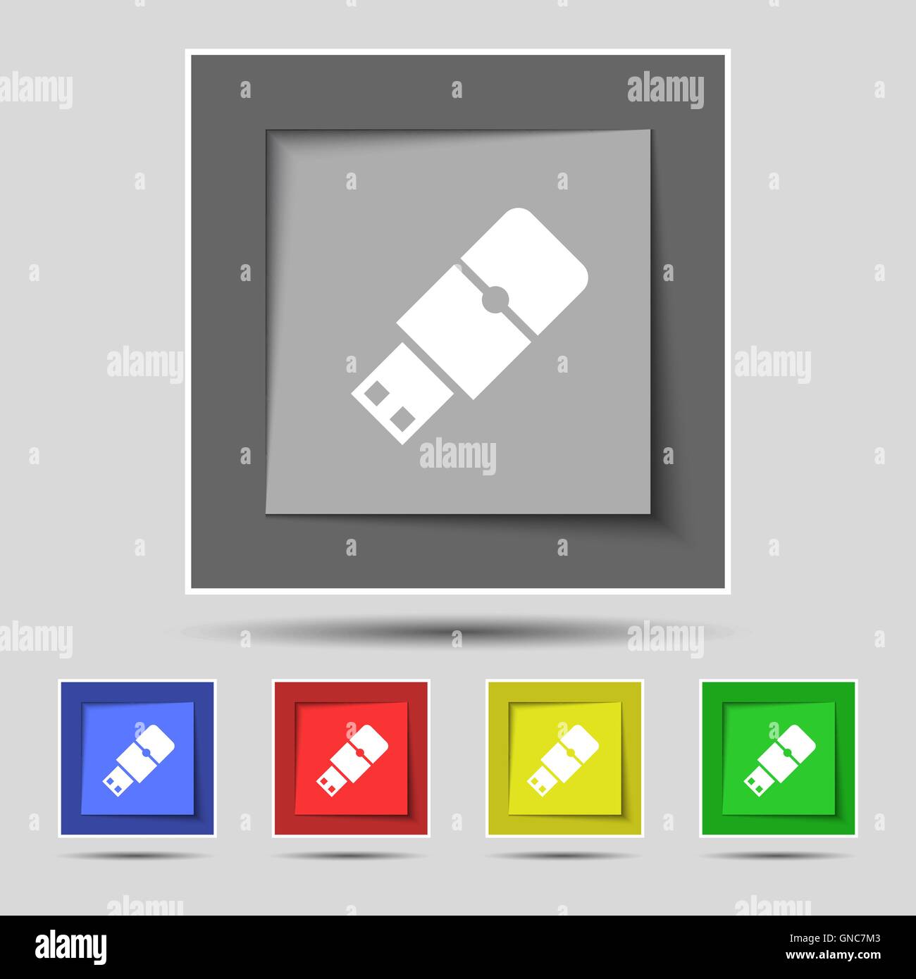 USB Flash icon segno originale su cinque pulsanti colorati. Vettore Illustrazione Vettoriale