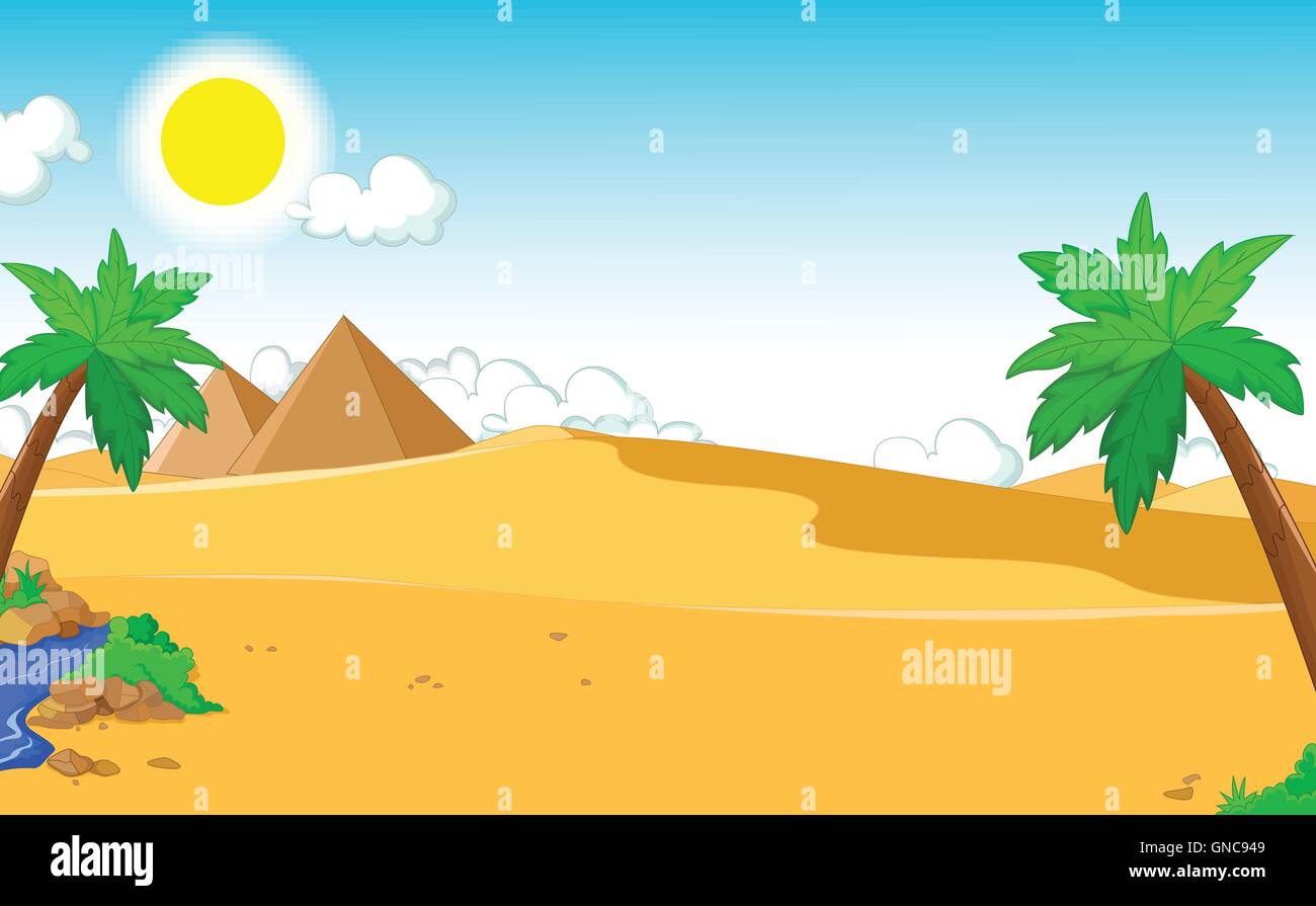 Bellissima vista del cartoon ad albero con il paesaggio del deserto sullo sfondo Illustrazione Vettoriale