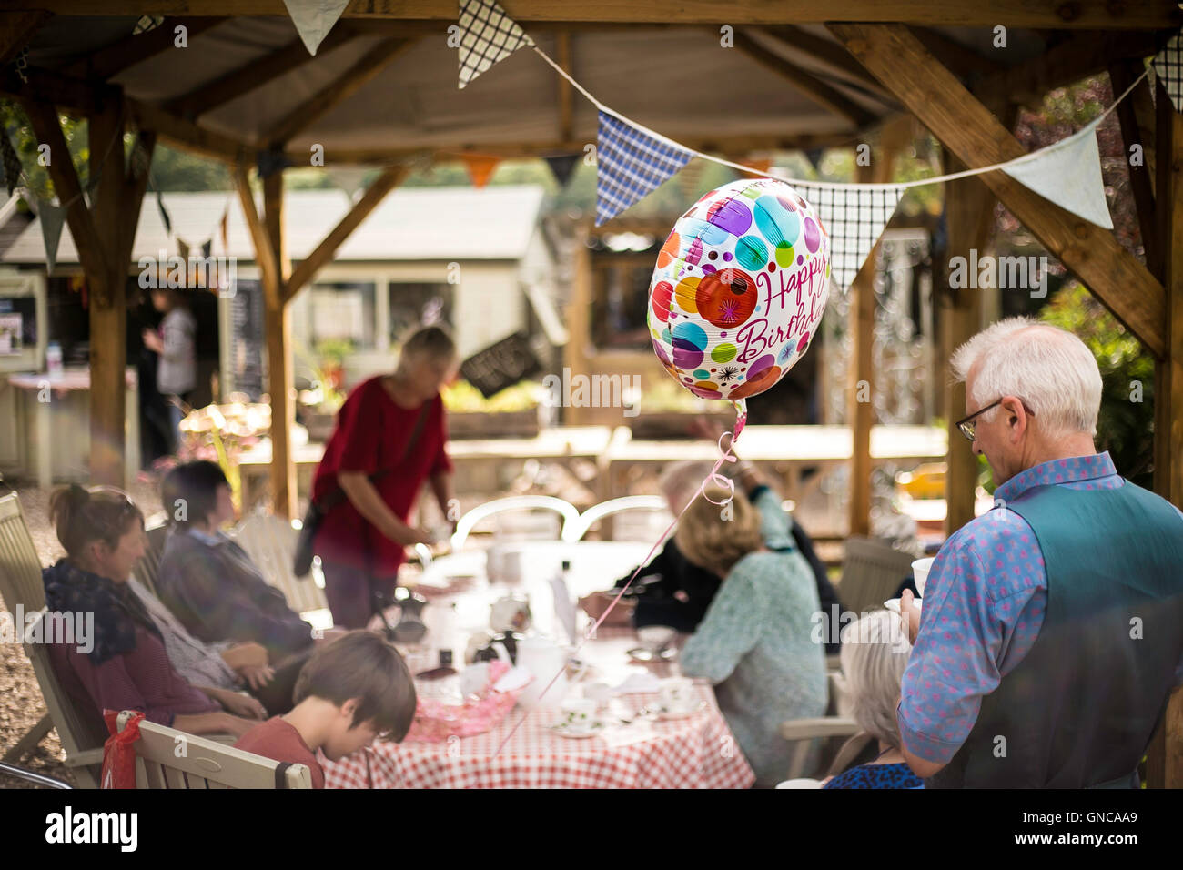 Festa di compleanno con palloncini e picnic nel parco. Foto Stock