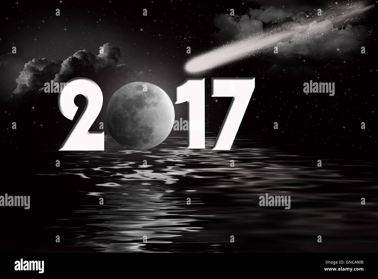 Anno Nuovo 2017 luna piena su acqua riflessione con stella cometa Foto Stock