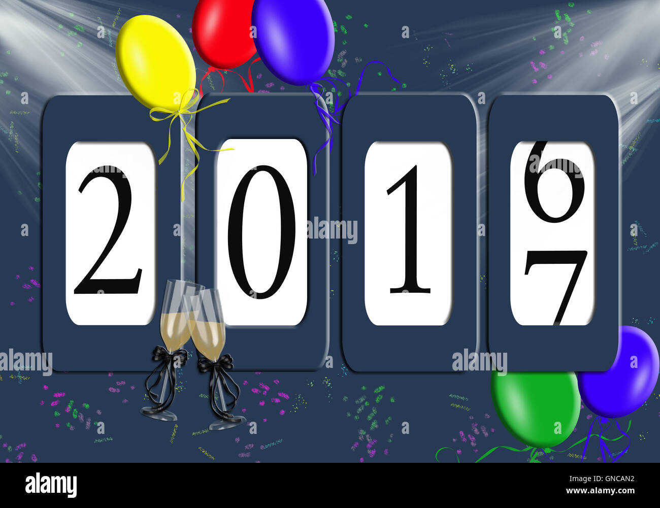 Contachilometri con party palloncini e flute da champagne su sfondo di confetti per il Nuovo Anno 2017. Foto Stock