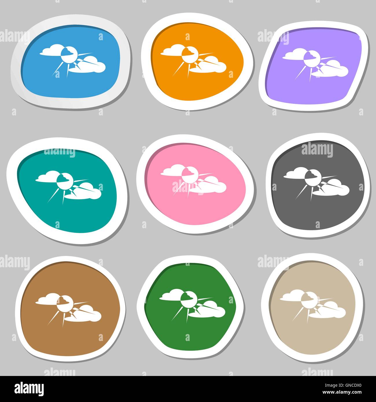 Sun cloud dietro i simboli. Carta multicolore di adesivi. Vettore Illustrazione Vettoriale