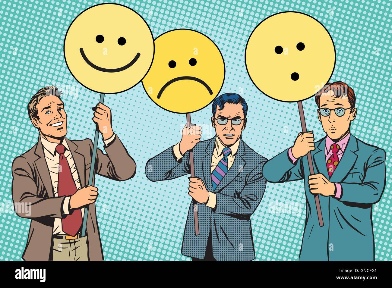 Manifestanti con cartelli gli Emoji gioia tristezza sorpresa Illustrazione Vettoriale