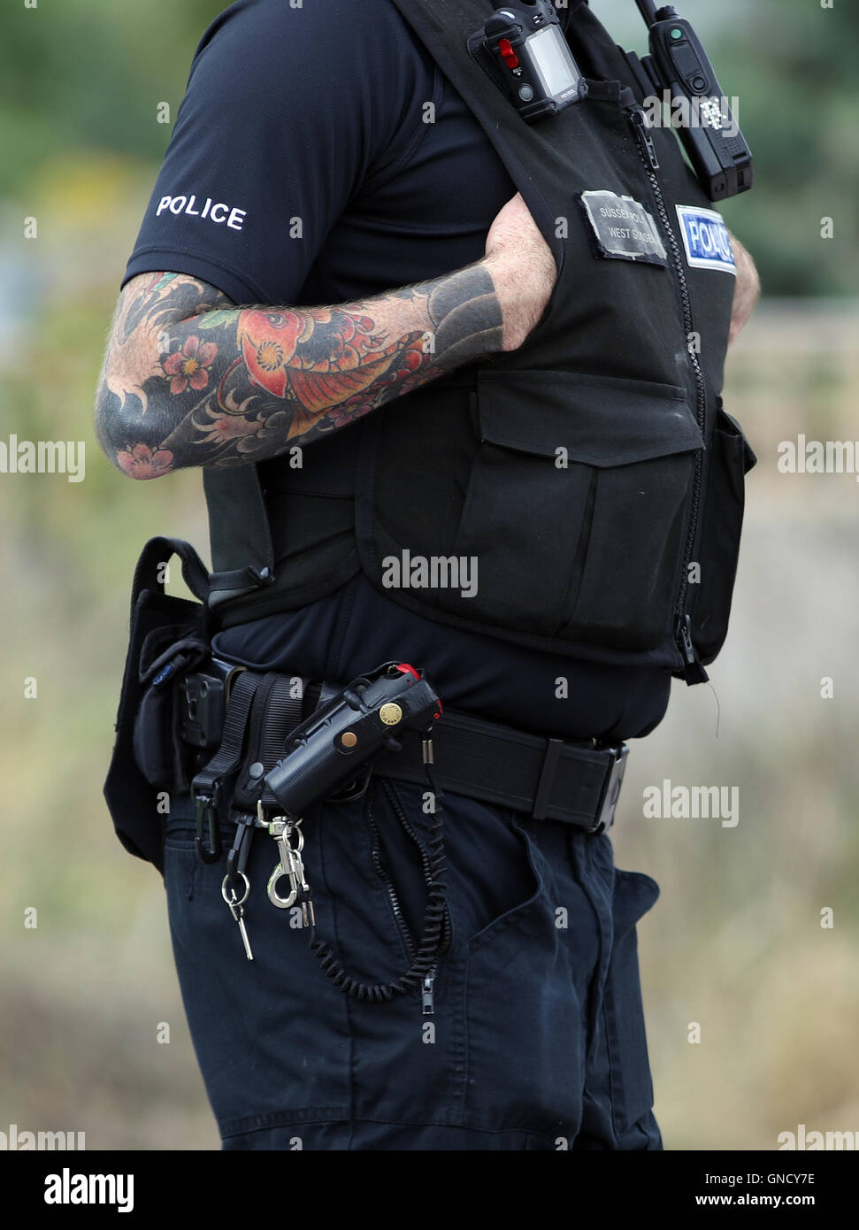 Un tatuaggio è visibile sul braccio di un funzionario di polizia presso la scena su Harbour Road, Pagham, West Sussex, in cui essi sono in una posizione di stand-off con un 72-anno-vecchio uomo che è pensato per avere una pistola. Foto Stock
