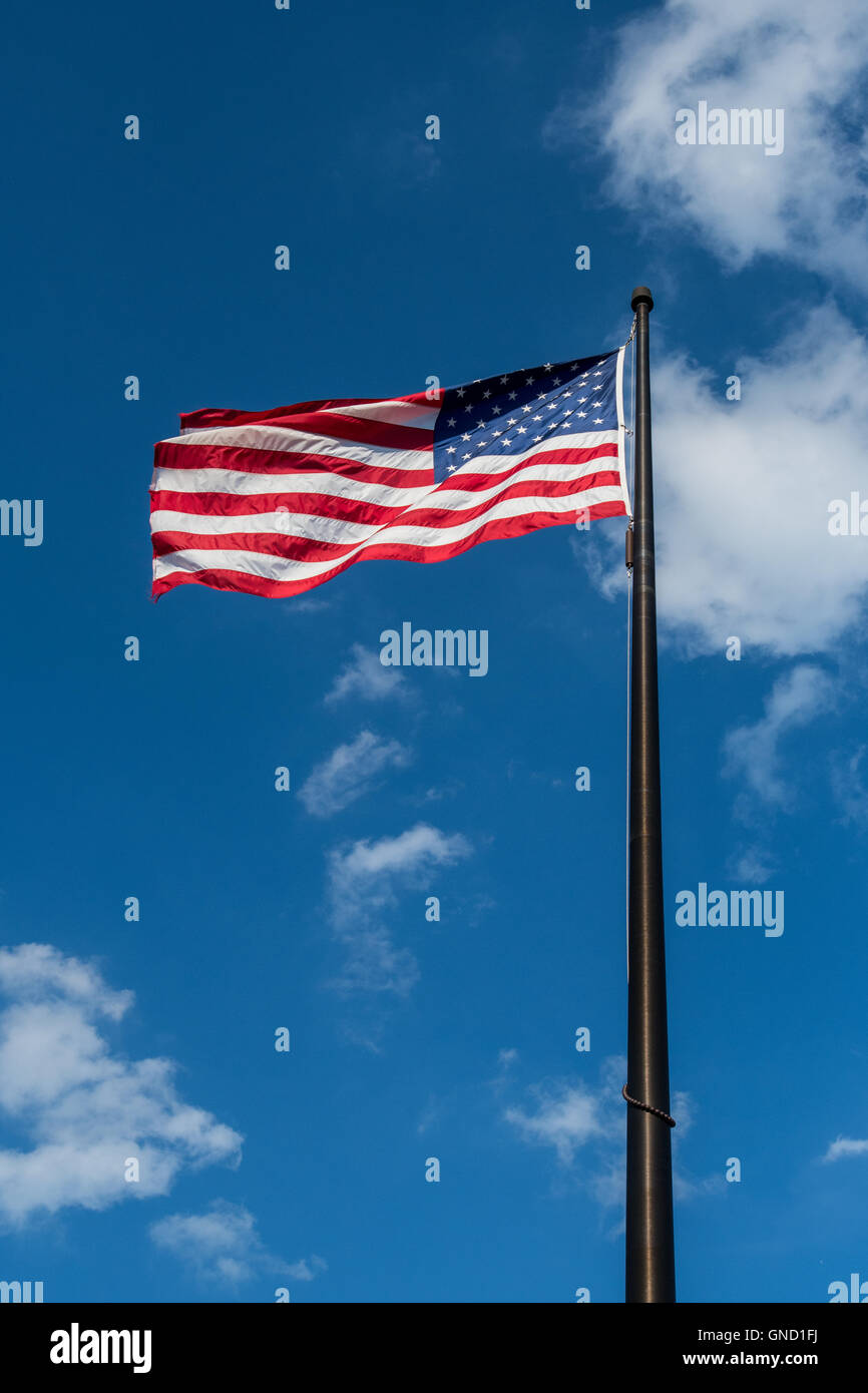 Cerca fino a sventolare della bandiera americana sul cielo nuvoloso immagine verticale Foto Stock