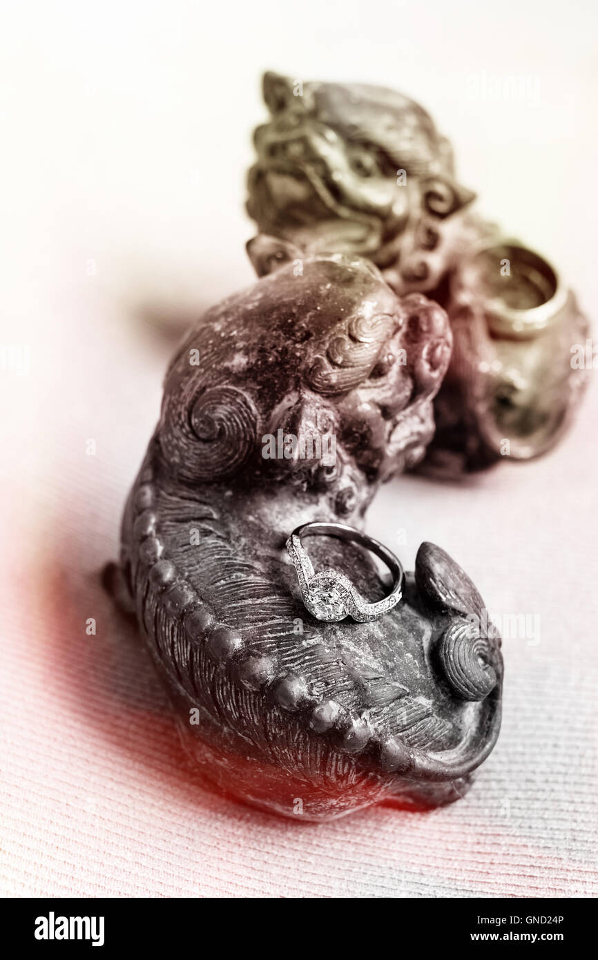 Gli anelli di nozze mettere su chinesse lions. messa a fuoco selettiva. Foto Stock