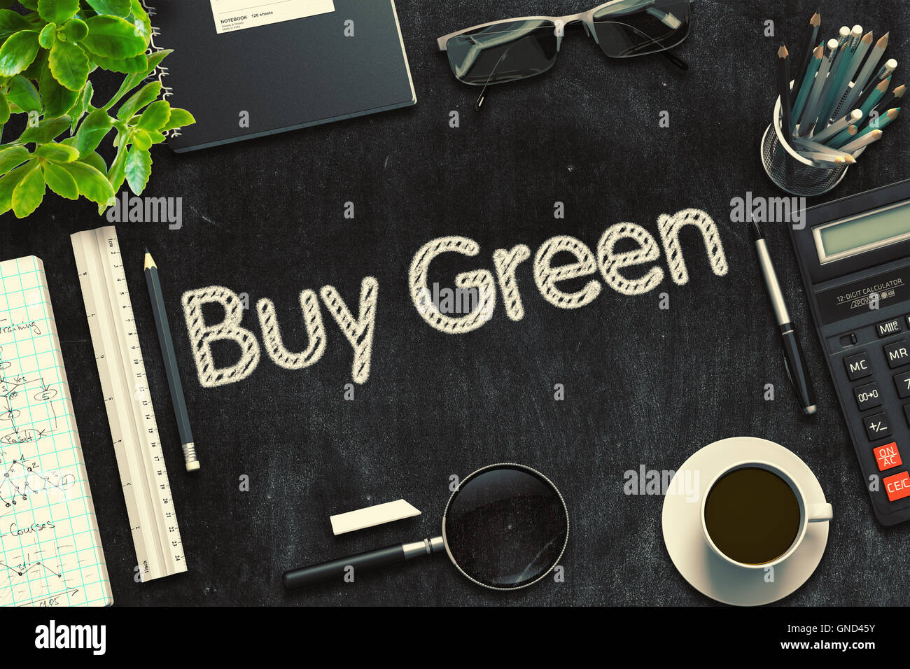 Compra verde - Testo sulla lavagna. Il rendering 3D. Foto Stock