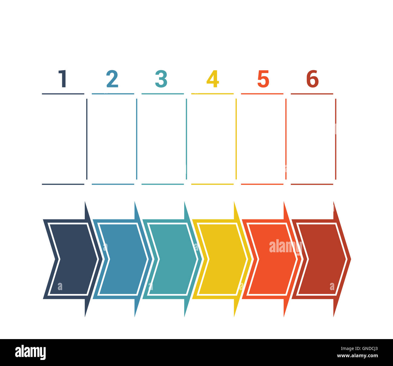 Timeline con colorato frecce orizzontali numerate per sei posizione su sfondo bianco Foto Stock