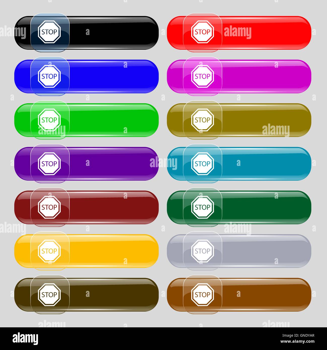 Icona Stop segno. Set da quattordici multi-colore pulsanti di vetro con posto per il testo. Vettore Illustrazione Vettoriale