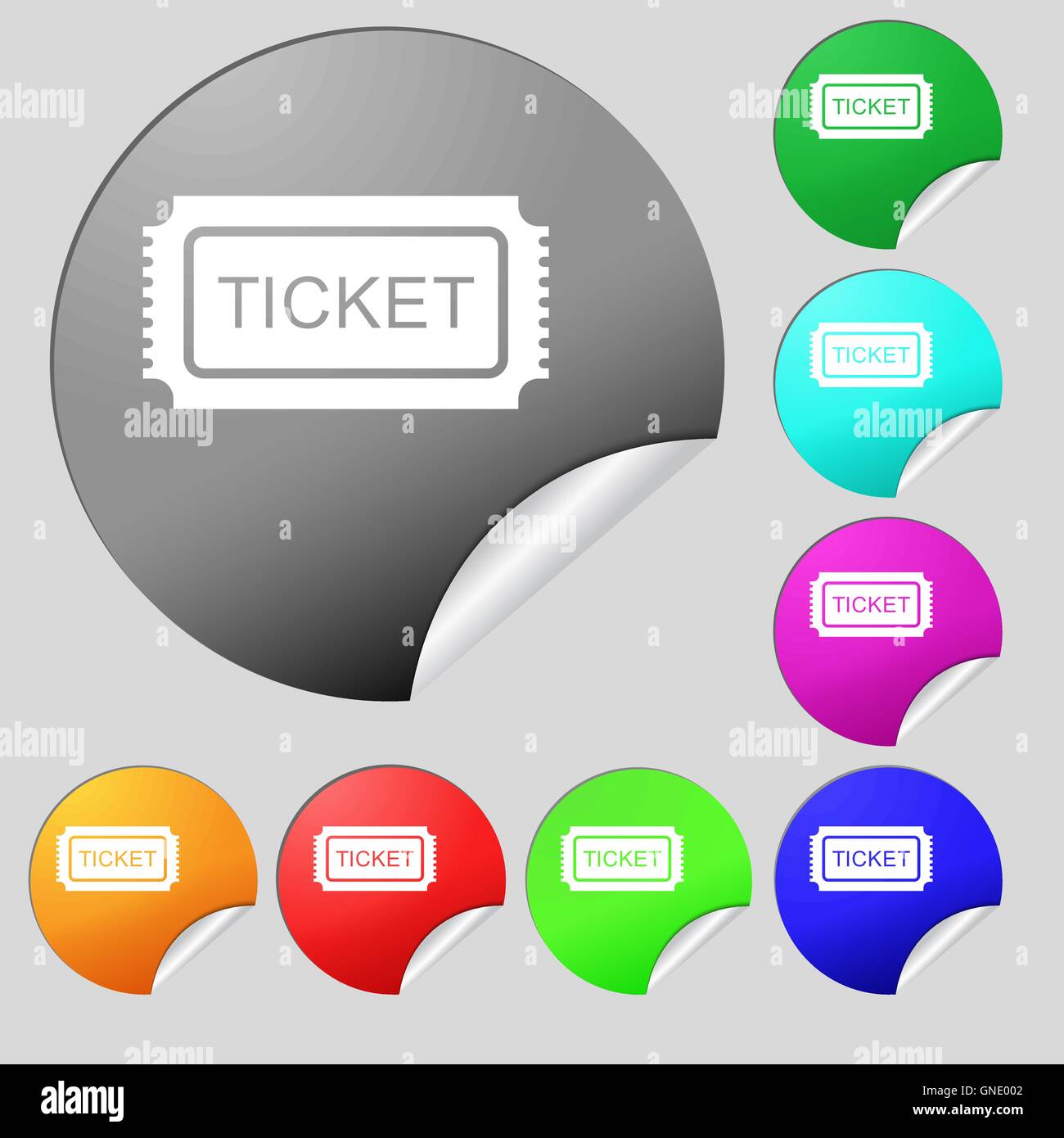 Icona Ticket segno. Set di otto multi colore pulsanti rotondi, adesivi. Vettore Illustrazione Vettoriale