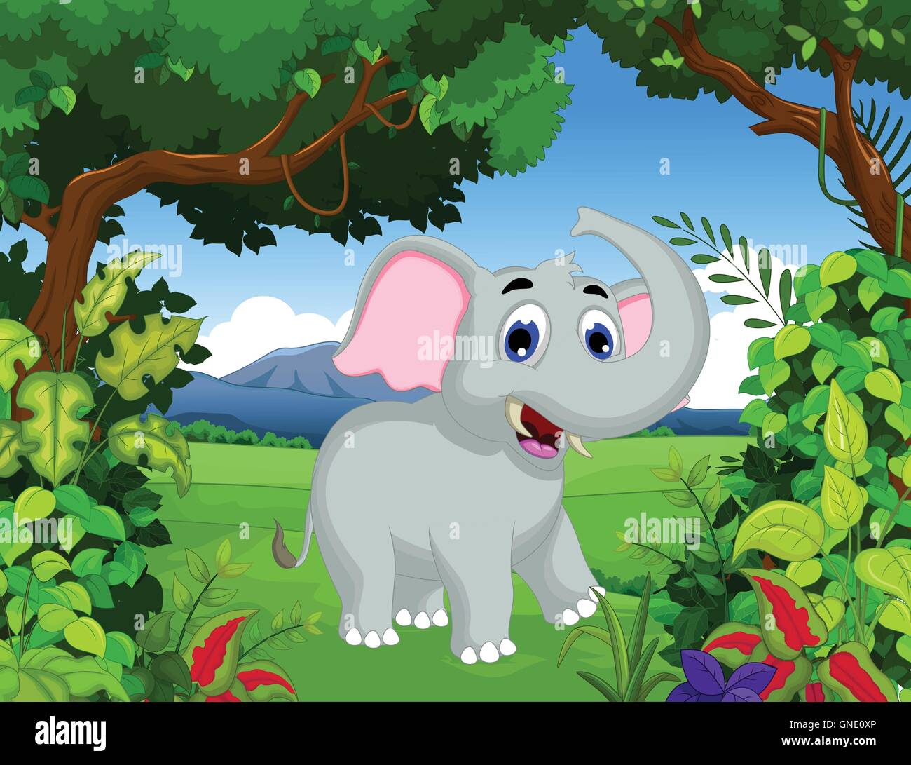 Funny elephant cartoon con lo sfondo del paesaggio Illustrazione Vettoriale