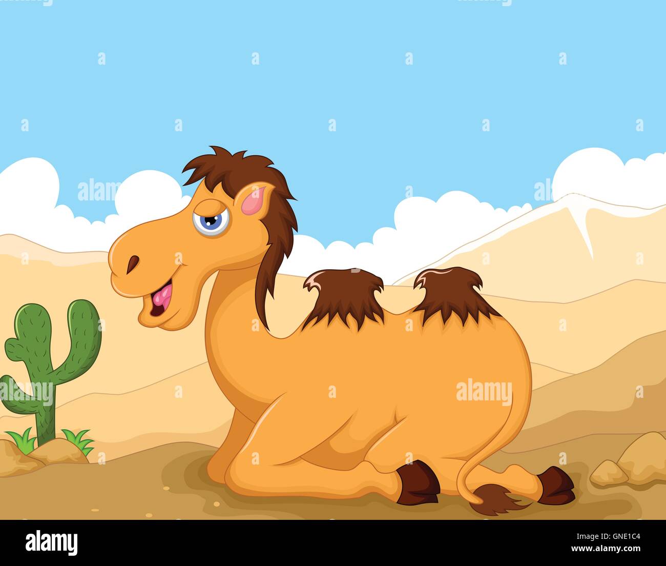 Il cammello divertente cartone animato con il paesaggio del deserto sullo sfondo Illustrazione Vettoriale