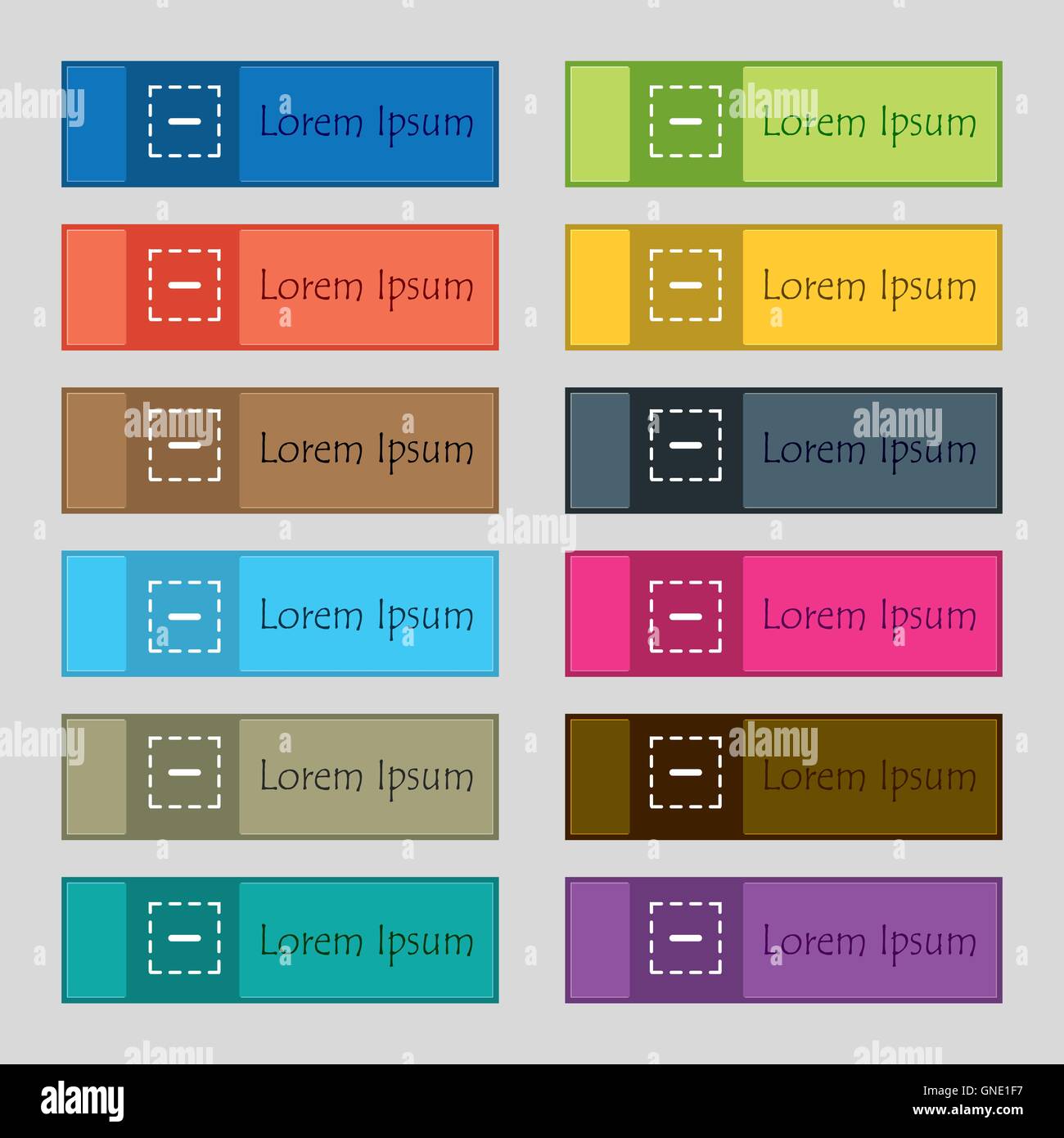Il segno meno in un'icona quadrata segno. Set di dodici rettangolare, colorata, bella e di alta qualità per i pulsanti del sito. Vettore Illustrazione Vettoriale