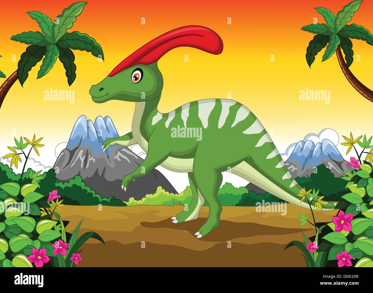 Dinosauro Parasaurolophus cartoon nella giungla Illustrazione Vettoriale